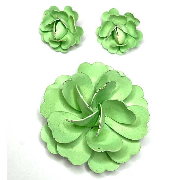 Vintage Brooch Clip Earrings Jewelry Set Green Enamel Flower AU04 - Picture 1 of 5